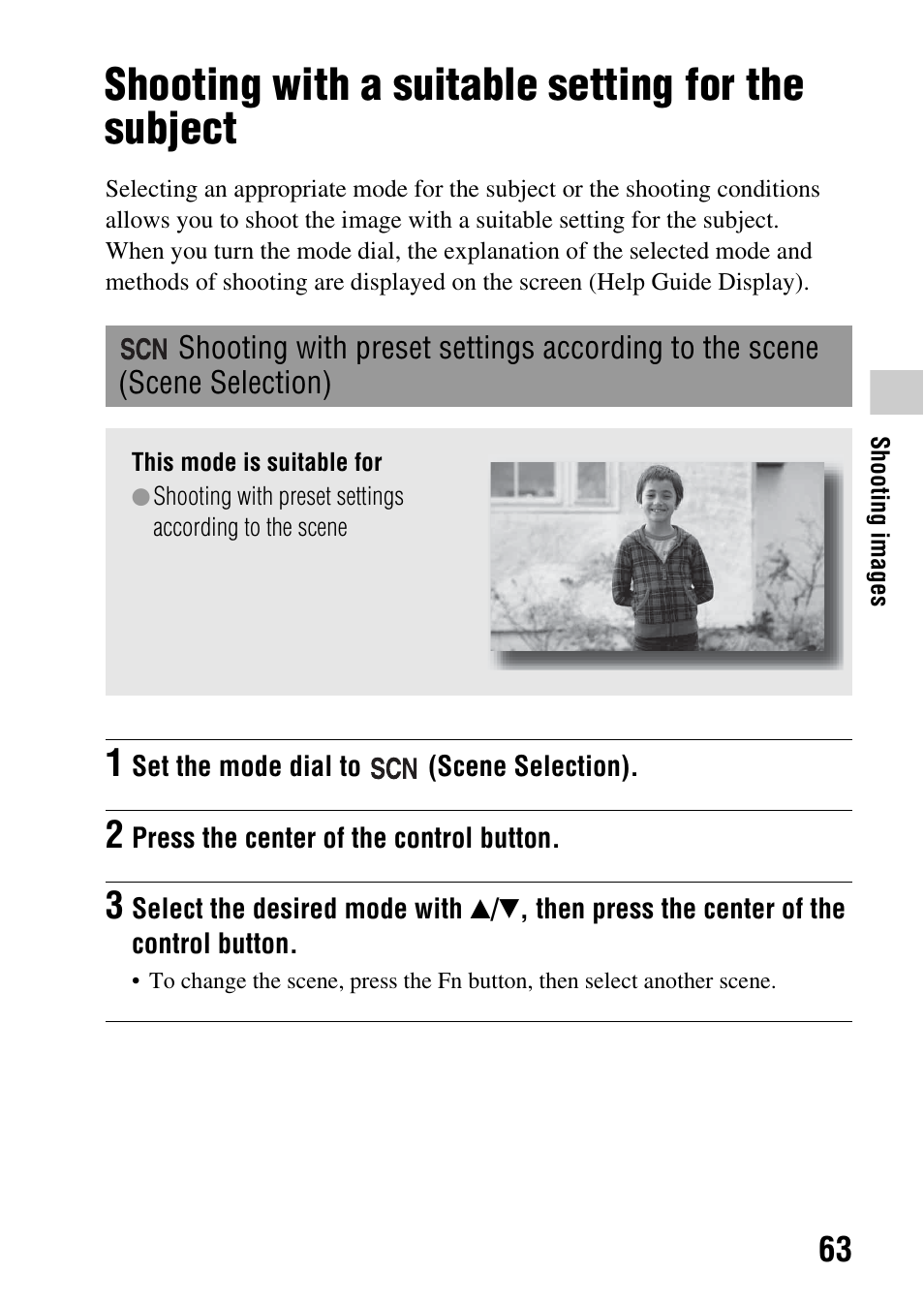 Shooting with a suitable setting for the subject, Scene selection), N (63) | Sony a (alpha) SLT-A55VL User Manual | Page 63 / 203