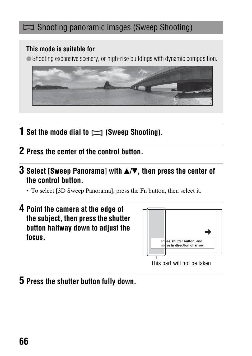 Shooting panoramic images (sweep shooting), Shooting panoramic images (sweep shooting) . 66, Ng (66) | Sony a (alpha) SLT-A55VL User Manual | Page 66 / 203