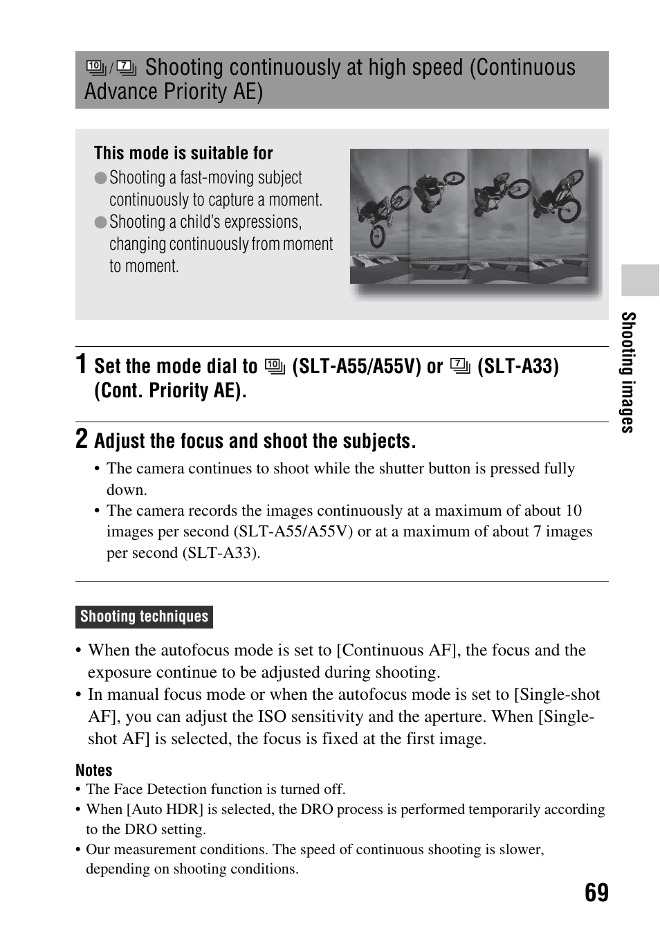 Shooting continuously at high speed (continuous, Advance priority ae) | Sony a (alpha) SLT-A55VL User Manual | Page 69 / 203