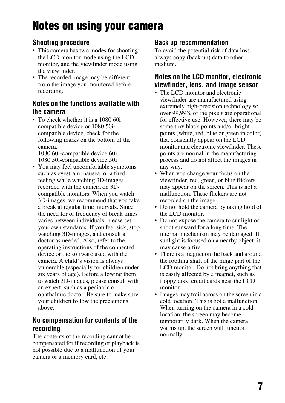 Notes on using your camera | Sony a (alpha) SLT-A55VL User Manual | Page 7 / 203