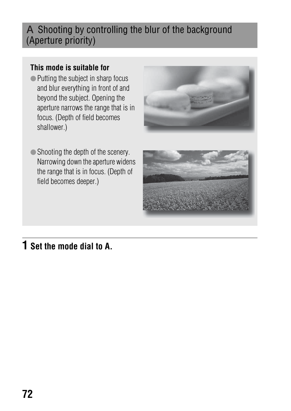 Shooting by controlling the blur of the background, Aperture priority), R (72) | Sony a (alpha) SLT-A55VL User Manual | Page 72 / 203