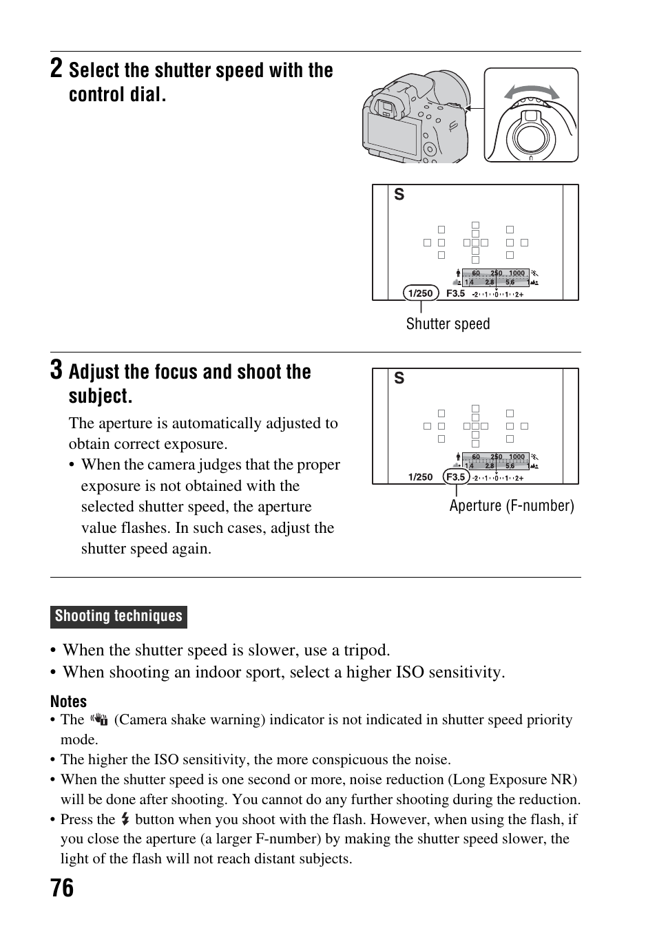 Select the shutter speed with the control dial, Adjust the focus and shoot the subject | Sony a (alpha) SLT-A55VL User Manual | Page 76 / 203