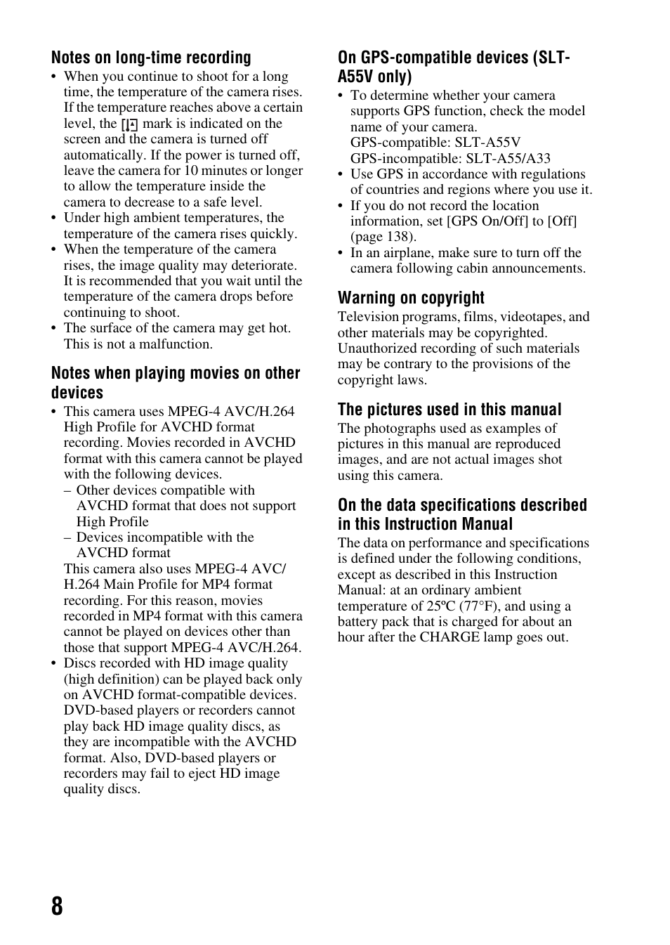 Sony a (alpha) SLT-A55VL User Manual | Page 8 / 203