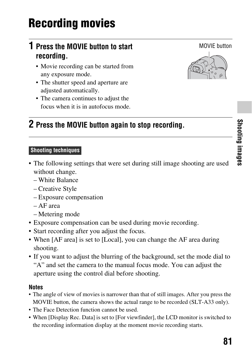 Recording movies, N (81) | Sony a (alpha) SLT-A55VL User Manual | Page 81 / 203