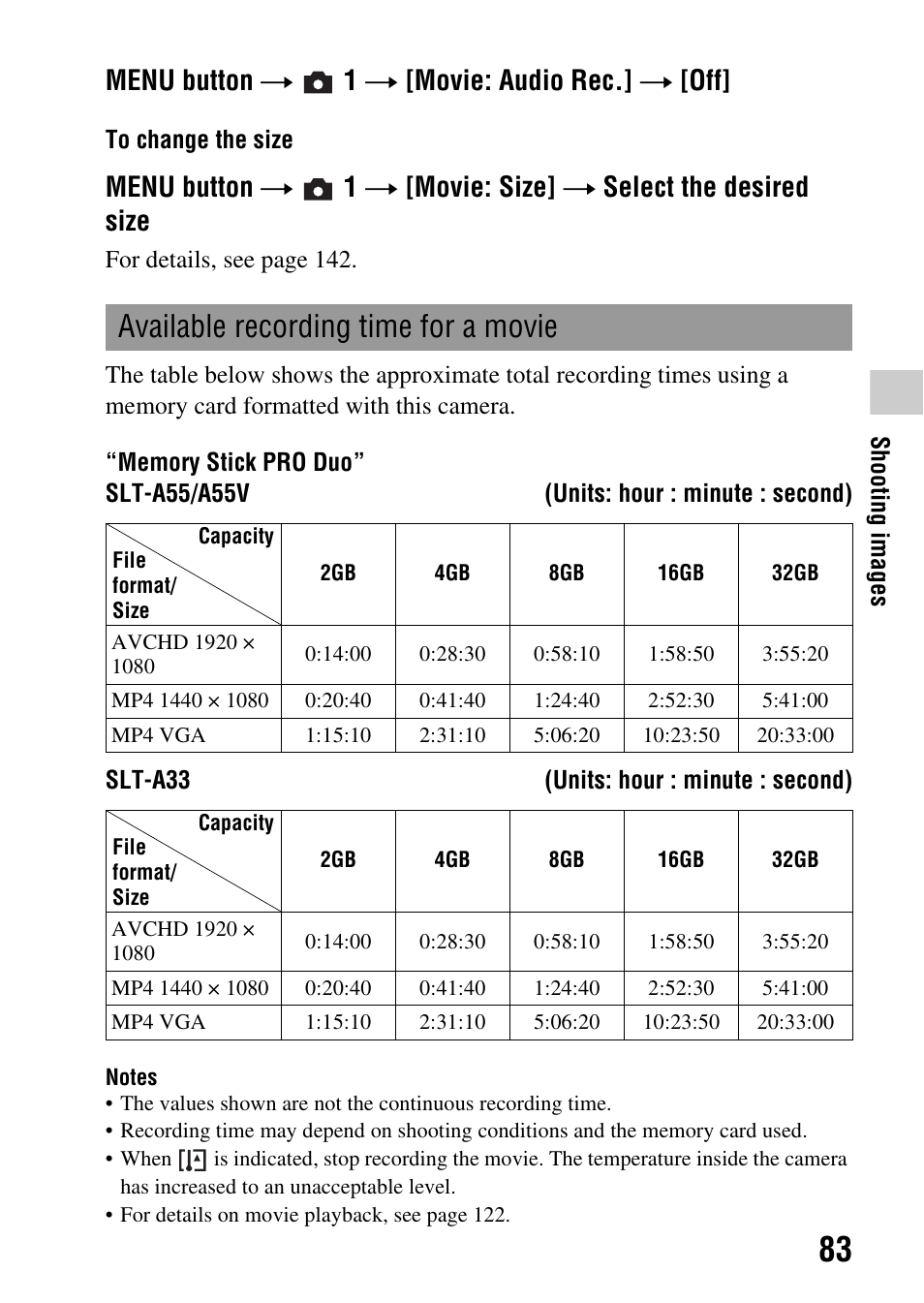 Available recording time for a movie, Menu button t 1 t [movie: audio rec.] t [off | Sony a (alpha) SLT-A55VL User Manual | Page 83 / 203