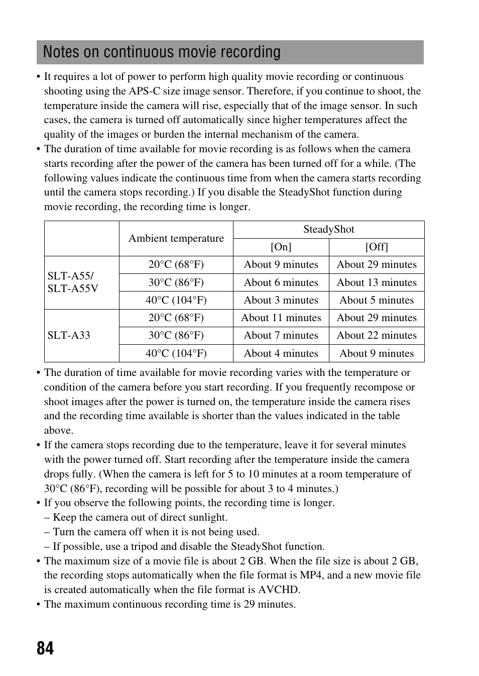 Notes on continuous movie recording | Sony a (alpha) SLT-A55VL User Manual | Page 84 / 203