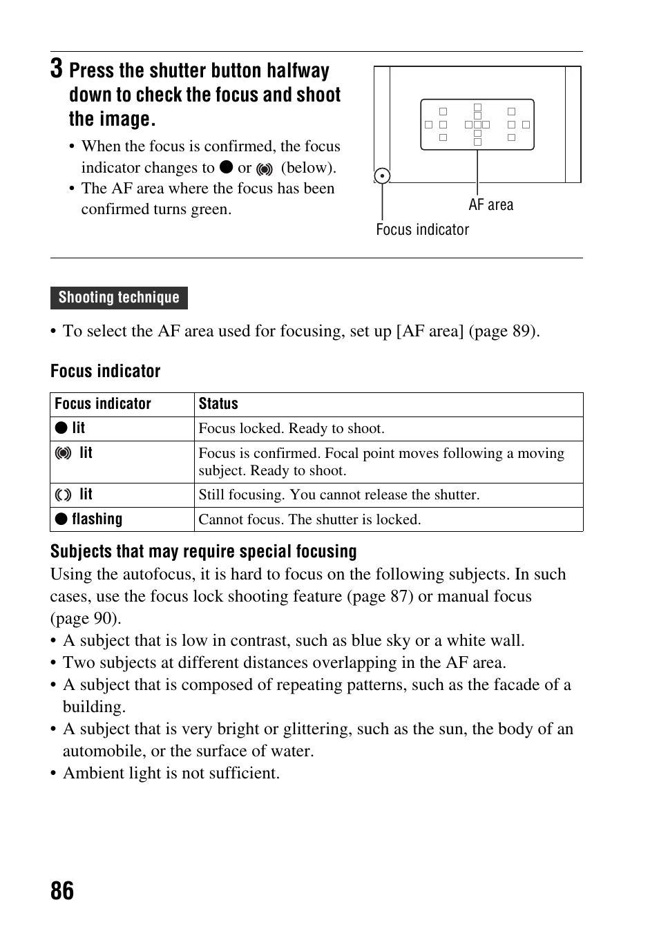 Focus (86) | Sony a (alpha) SLT-A55VL User Manual | Page 86 / 203