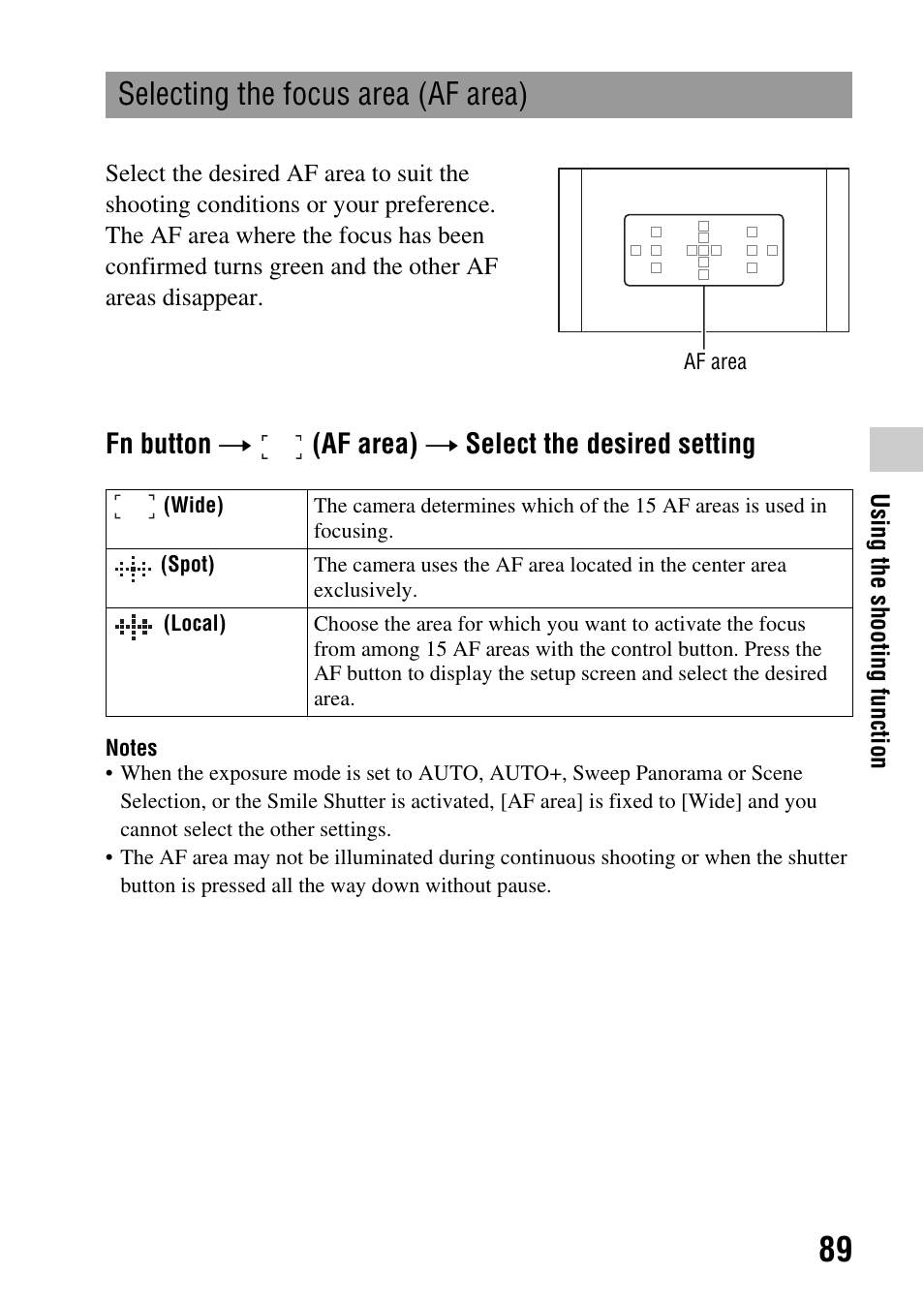 Selecting the focus area (af area), N (89), Fn button t (af area) t select the desired setting | Sony a (alpha) SLT-A55VL User Manual | Page 89 / 203