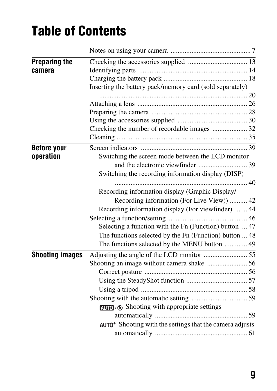 Sony a (alpha) SLT-A55VL User Manual | Page 9 / 203