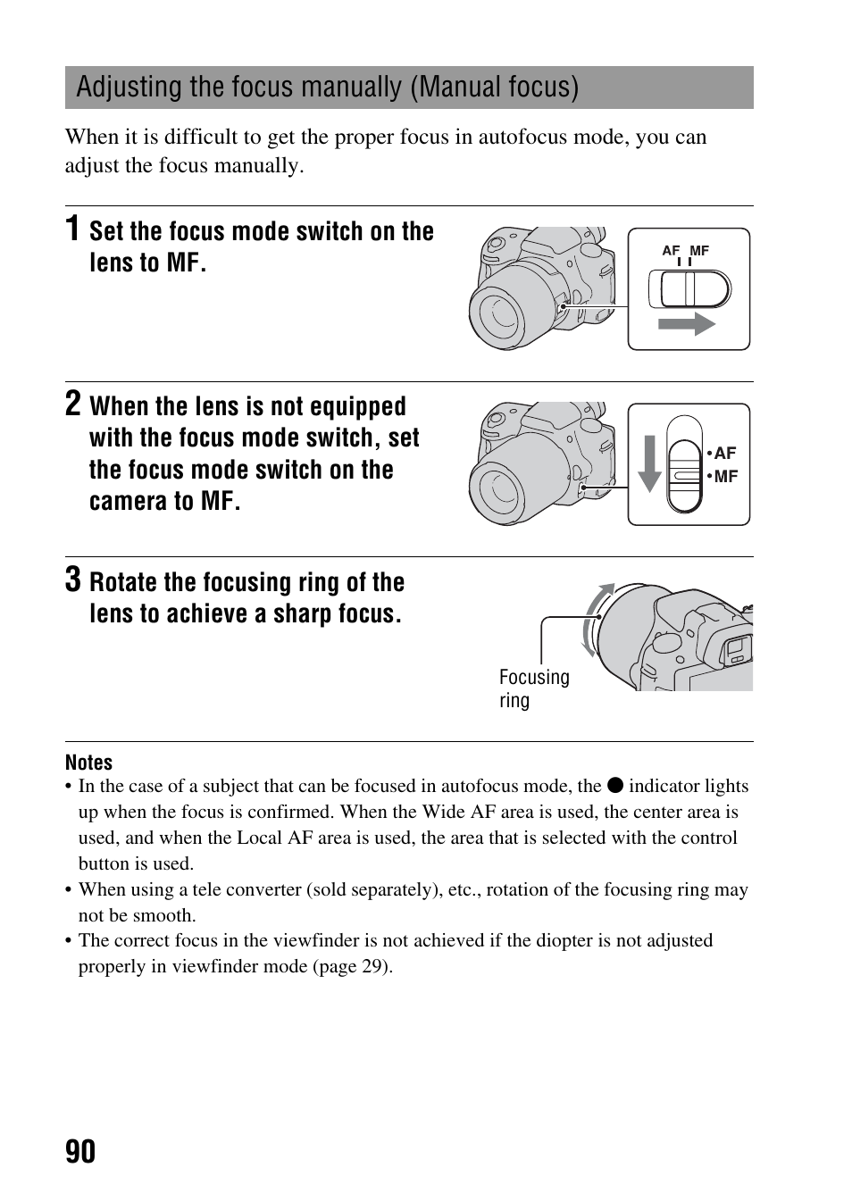 Adjusting the focus manually (manual focus) | Sony a (alpha) SLT-A55VL User Manual | Page 90 / 203