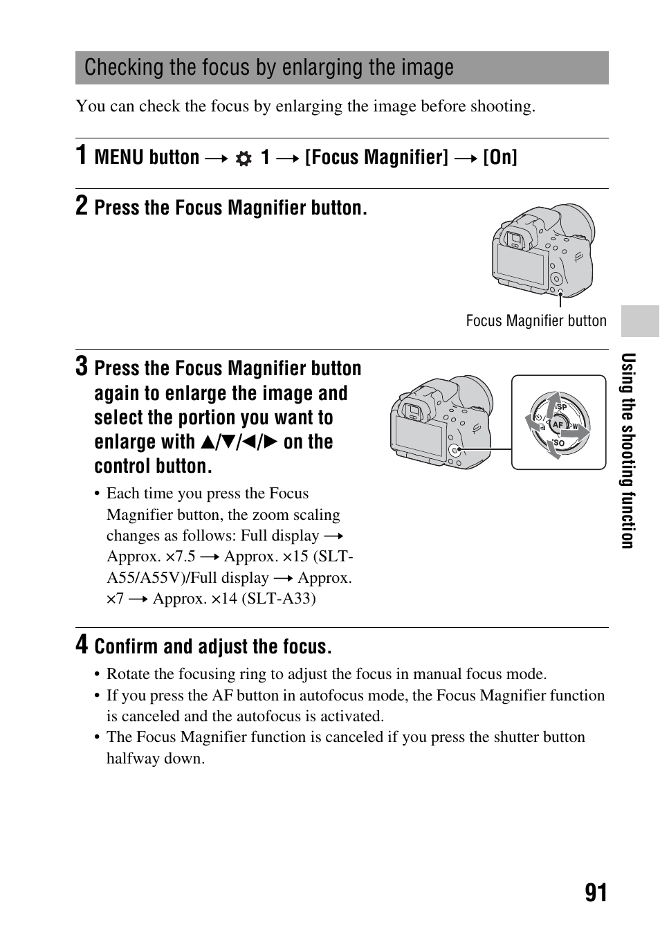 Checking the focus by enlarging the image, N (91 | Sony a (alpha) SLT-A55VL User Manual | Page 91 / 203