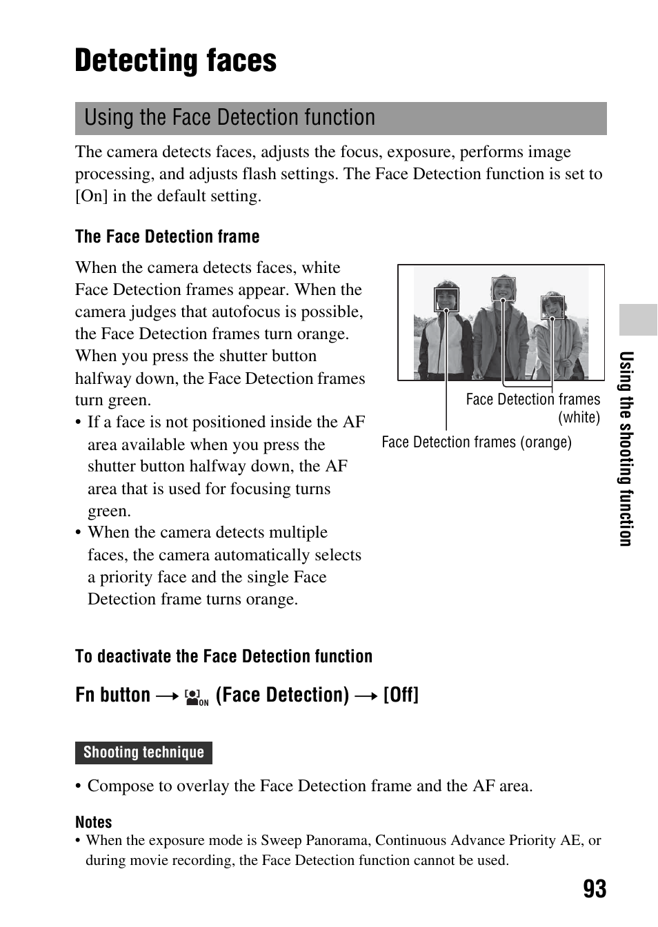 Detecting faces, Using the face detection function, Ion (93) | Sony a (alpha) SLT-A55VL User Manual | Page 93 / 203