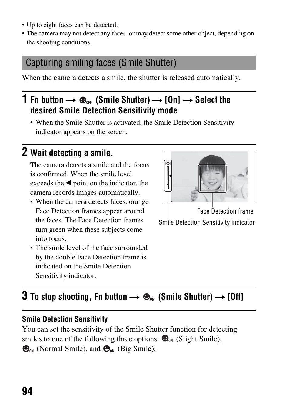 Capturing smiling faces (smile shutter), R (94) | Sony a (alpha) SLT-A55VL User Manual | Page 94 / 203