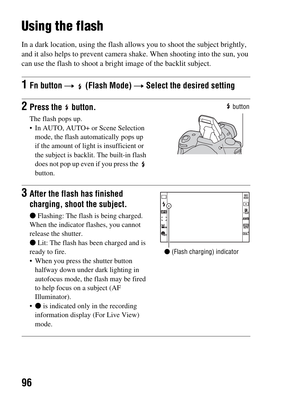 Using the flash, In flash* (96), N (96) | 96)/r, Ode (96) | Sony a (alpha) SLT-A55VL User Manual | Page 96 / 203