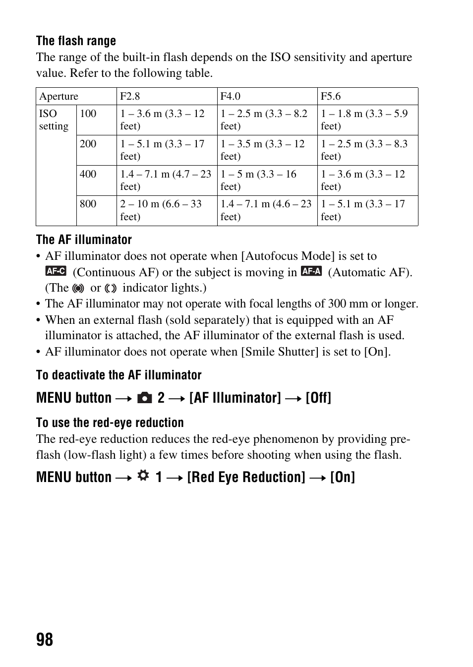 On (98), Menu button t 2 t [af illuminator] t [off, Menu button t 1 t [red eye reduction] t [on | Sony a (alpha) SLT-A55VL User Manual | Page 98 / 203