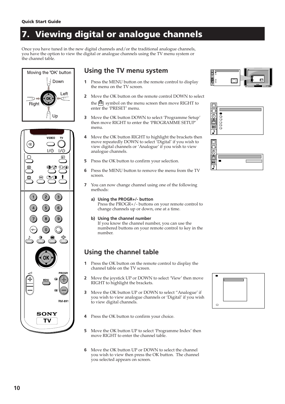Viewing digital or analogue channels, Using the tv menu system, Using the channel table | Sony KV-28DS65U User Manual | Page 12 / 38
