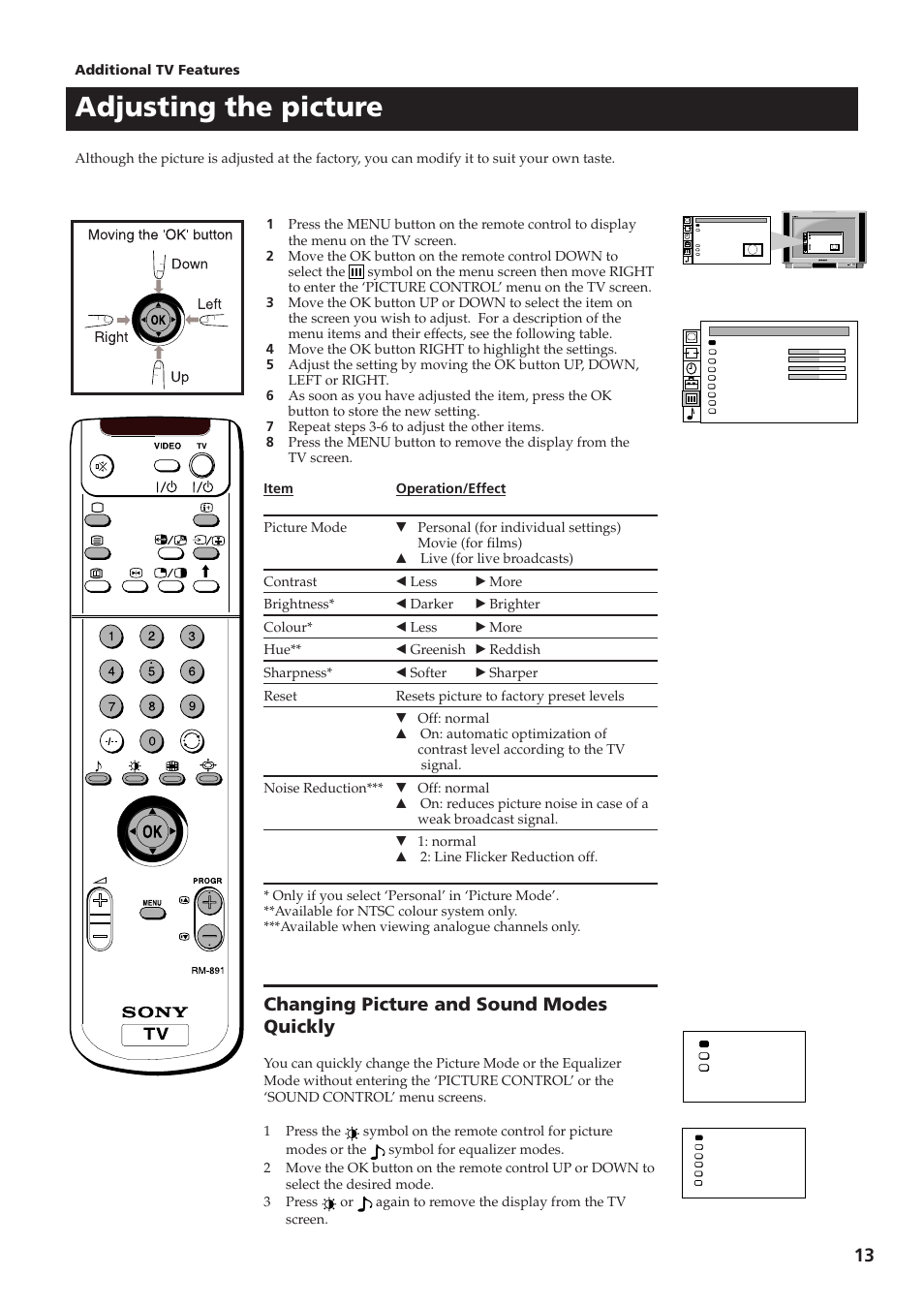 Adjusting the picture, Changing picture and sound modes quickly | Sony KV-28DS65U User Manual | Page 15 / 38