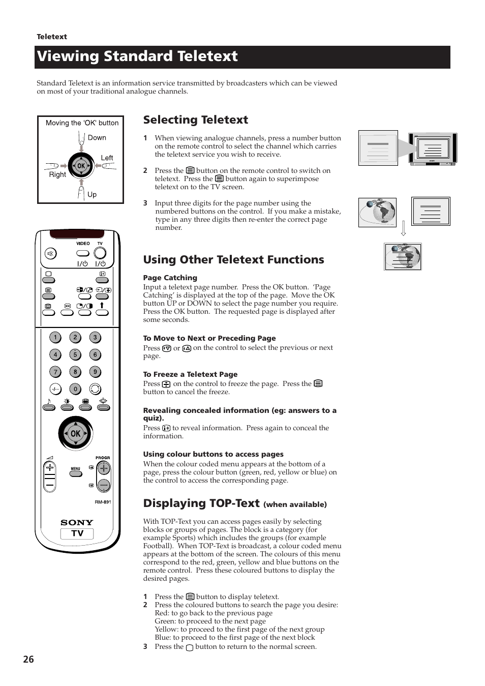 Viewing standard teletext, Selecting teletext, Using other teletext functions | Displaying top-text | Sony KV-28DS65U User Manual | Page 28 / 38