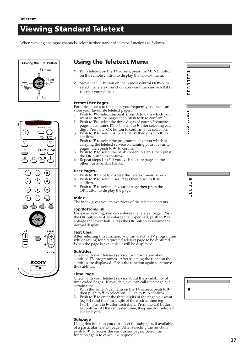 Viewing standard teletext, Using the teletext menu | Sony KV-28DS65U User Manual | Page 29 / 38