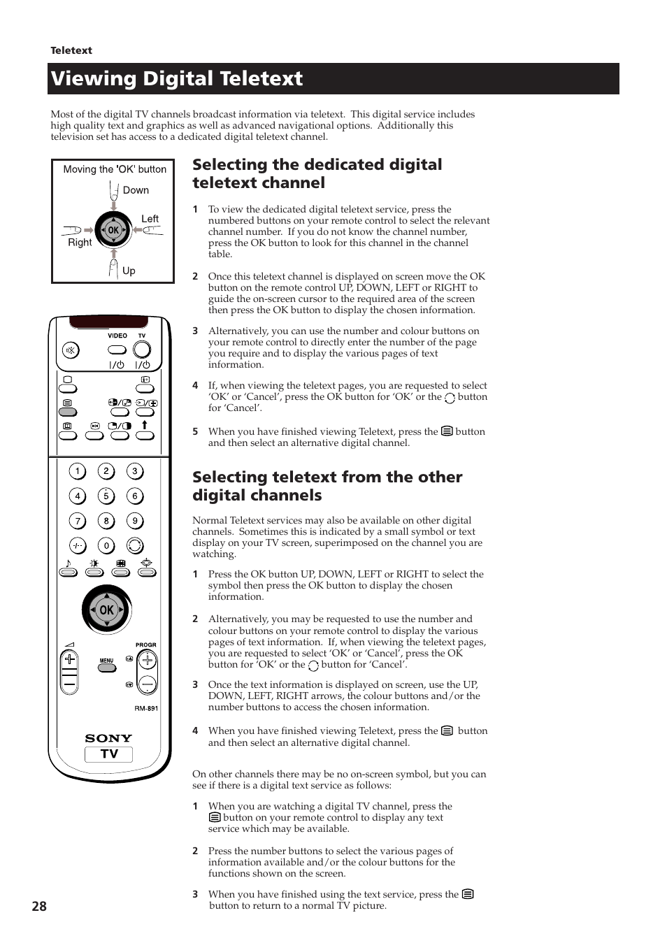 Viewing digital teletext, Selecting the dedicated digital teletext channel, Selecting teletext from the other digital channels | Sony KV-28DS65U User Manual | Page 30 / 38