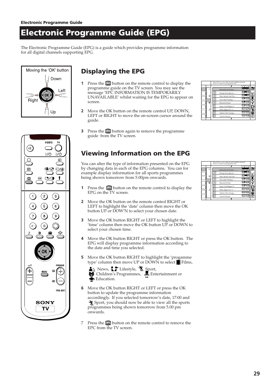 Electronic programme guide (epg), Displaying the epg, Viewing information on the epg | Sony KV-28DS65U User Manual | Page 31 / 38