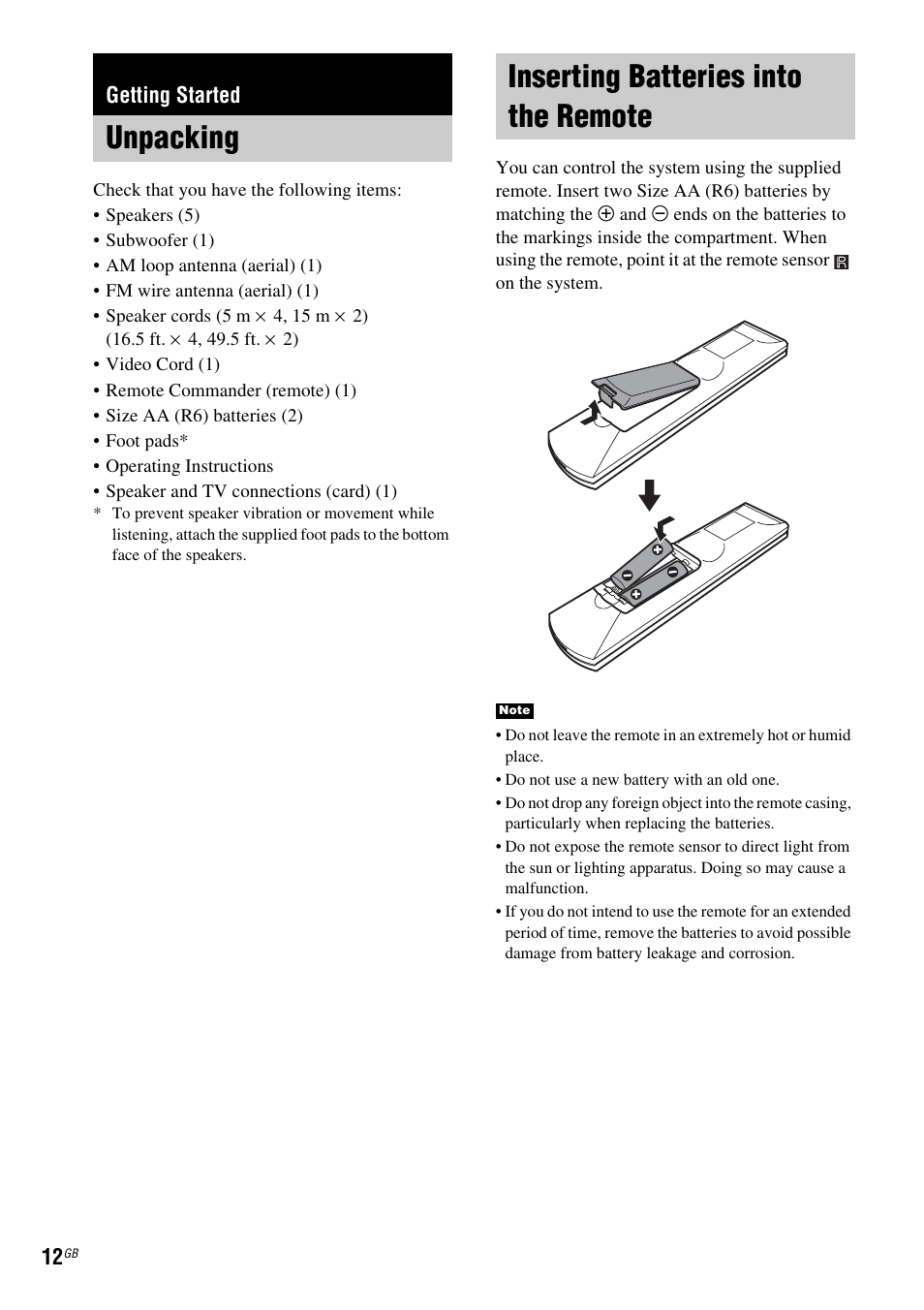 Getting started, Unpacking, Inserting batteries into the remote | Unpacking inserting batteries into the remote | Sony DAV-DX150 User Manual | Page 12 / 100