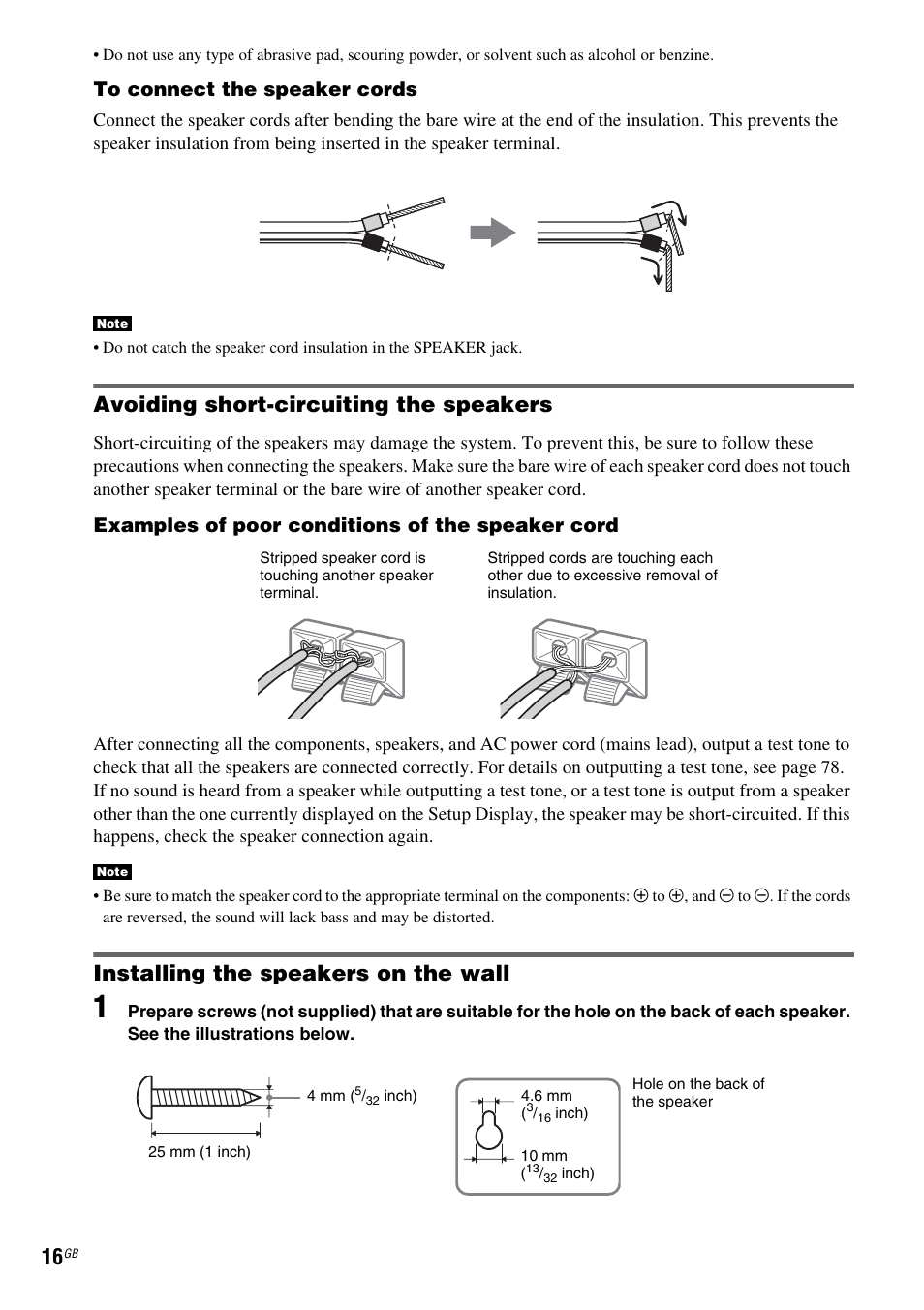 Avoiding short-circuiting the speakers, Installing the speakers on the wall, Examples of poor conditions of the speaker cord | Sony DAV-DX150 User Manual | Page 16 / 100