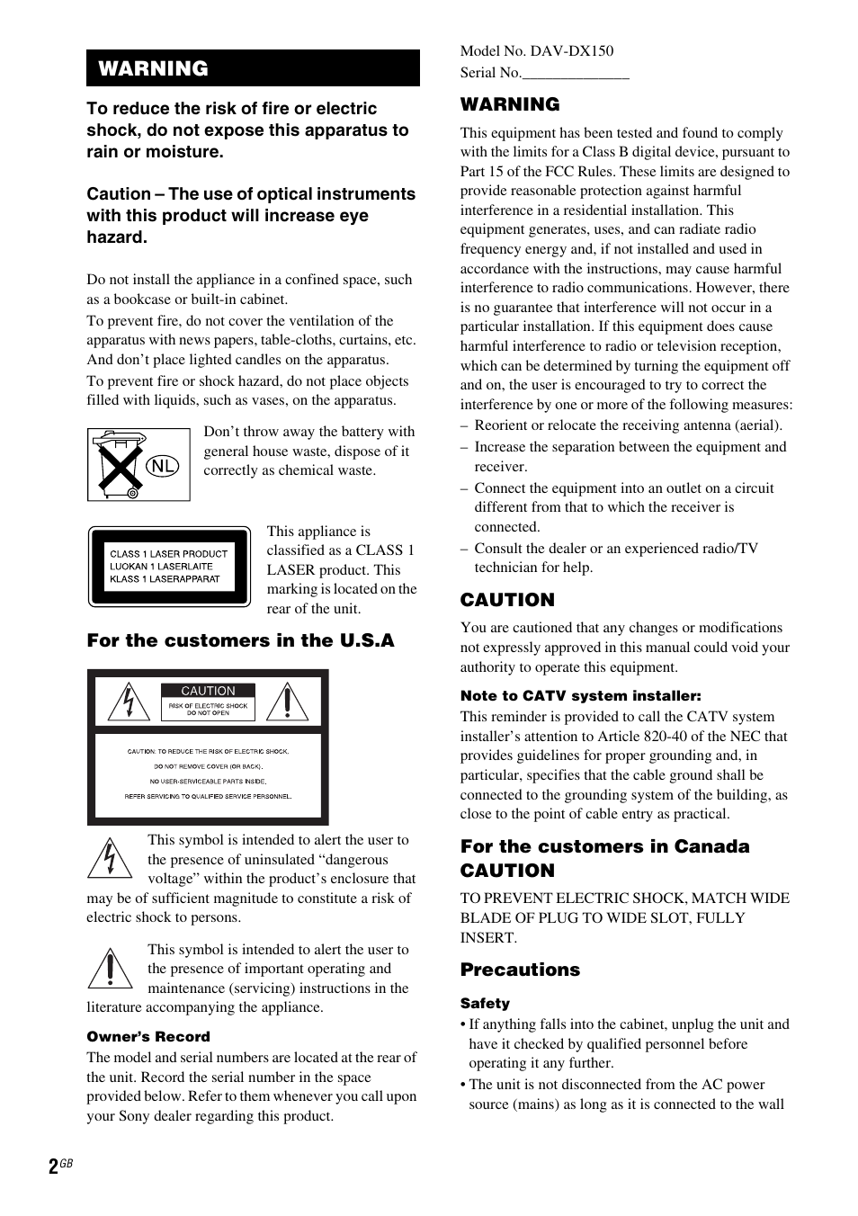 Warning | Sony DAV-DX150 User Manual | Page 2 / 100