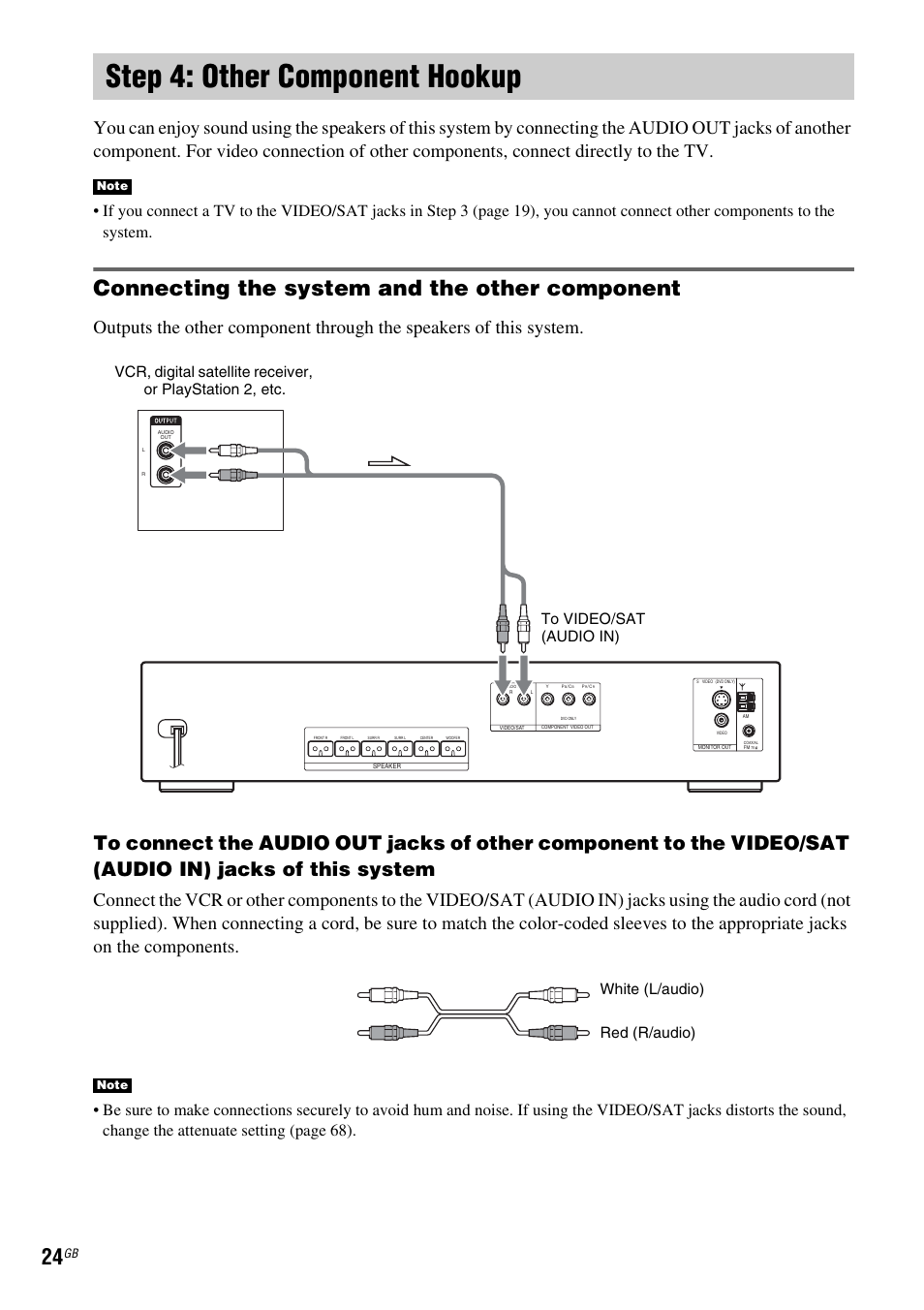 Step 4: other component hookup, Connecting the system and the other component | Sony DAV-DX150 User Manual | Page 24 / 100