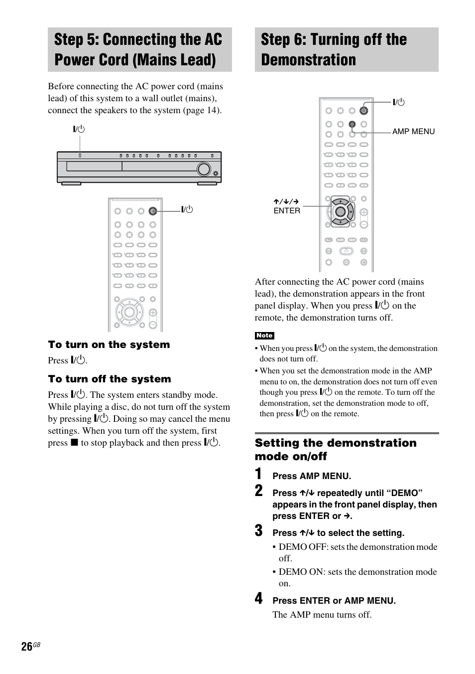 Step 5: connecting the ac power cord (mains lead), Step 6: turning off the demonstration, Setting the demonstration mode on/off | Step 5: connecting the ac power cord, Mains lead), Step 6: turning off, The demonstration | Sony DAV-DX150 User Manual | Page 26 / 100