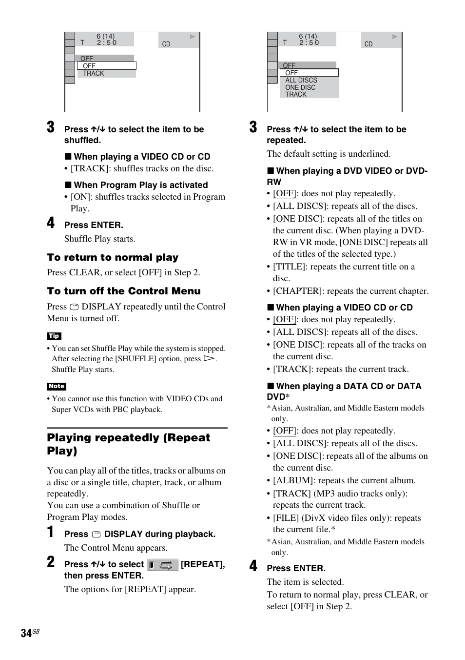 Playing repeatedly (repeat play) | Sony DAV-DX150 User Manual | Page 34 / 100