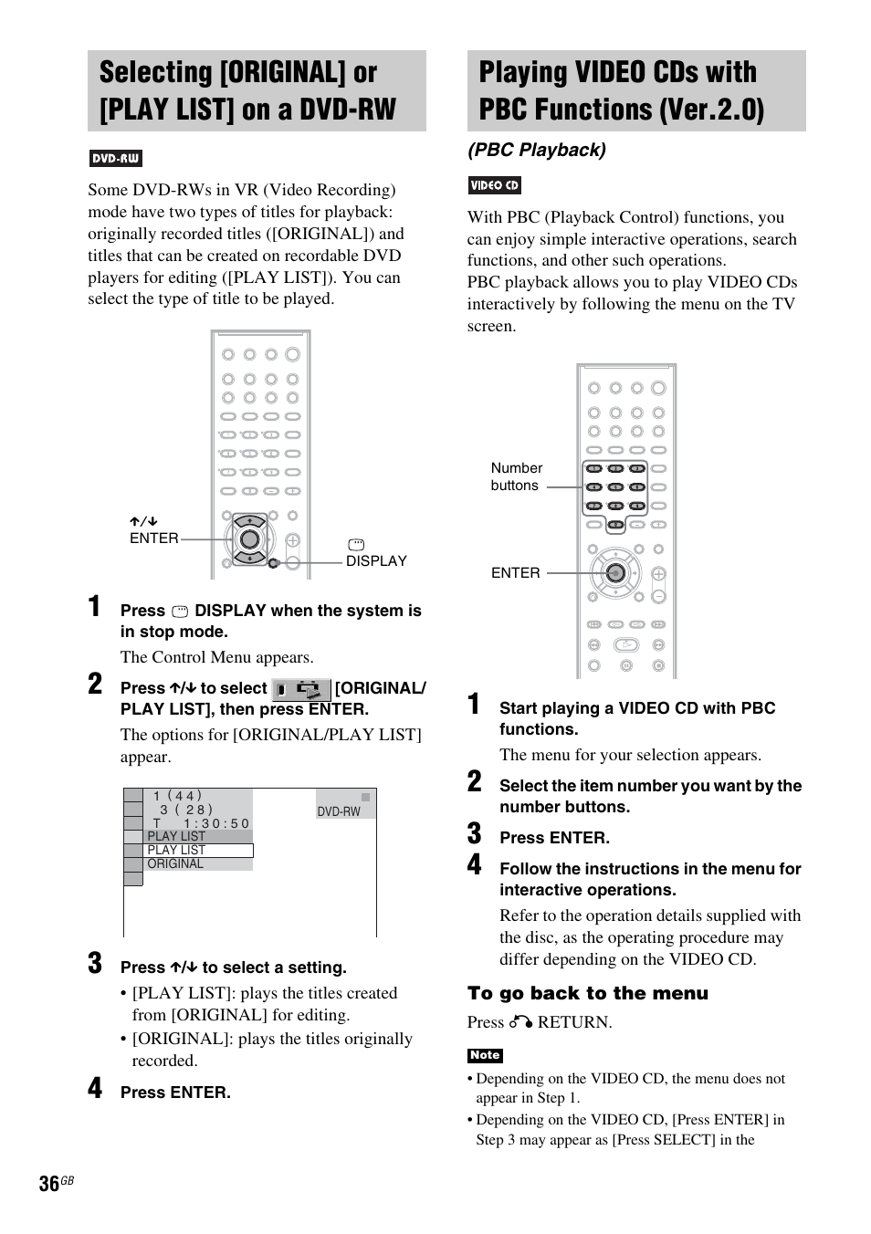 Selecting [original] or [play list] on a dvd-rw, Playing video cds with pbc functions (ver.2.0), Selecting [original] or [play list | On a dvd-rw, Playing video cds with pbc functions, Ver.2.0) (pbc playback) | Sony DAV-DX150 User Manual | Page 36 / 100