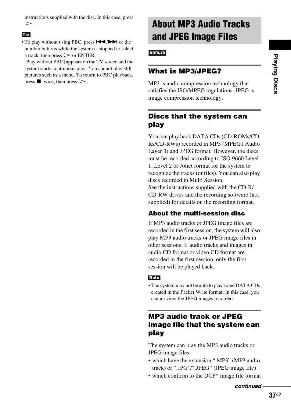 About mp3 audio tracks and jpeg image files, What is mp3/jpeg, Discs that the system can play | About mp3 audio tracks and jpeg, Image files | Sony DAV-DX150 User Manual | Page 37 / 100