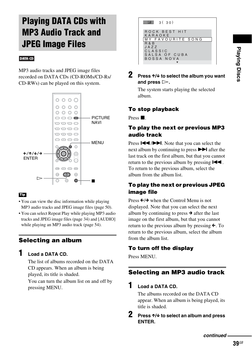 Selecting an album, Selecting an mp3 audio track, Playing data cds with mp3 audio | Track and jpeg image files | Sony DAV-DX150 User Manual | Page 39 / 100