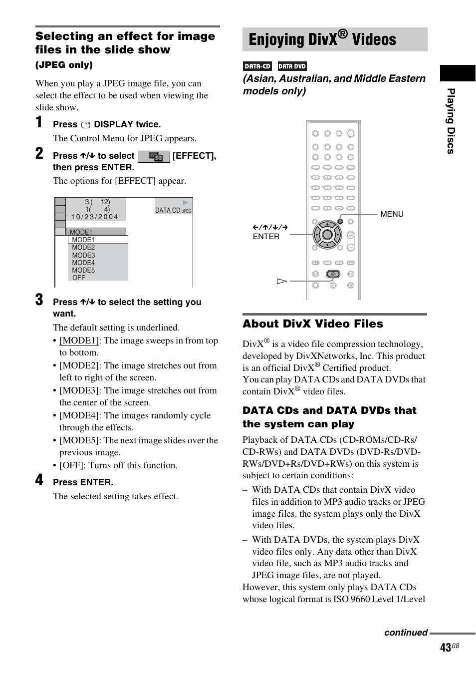 Enjoying divx® videos, About divx video files, Asian, australian, and middle eastern models only) | Enjoying divx, Videos | Sony DAV-DX150 User Manual | Page 43 / 100