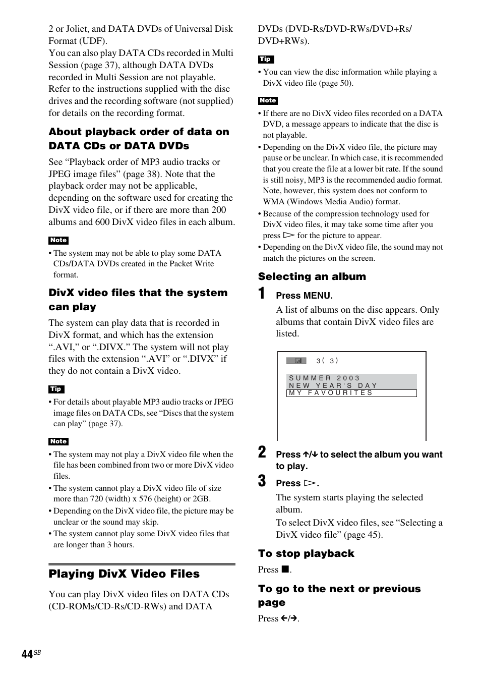 Playing divx video files | Sony DAV-DX150 User Manual | Page 44 / 100