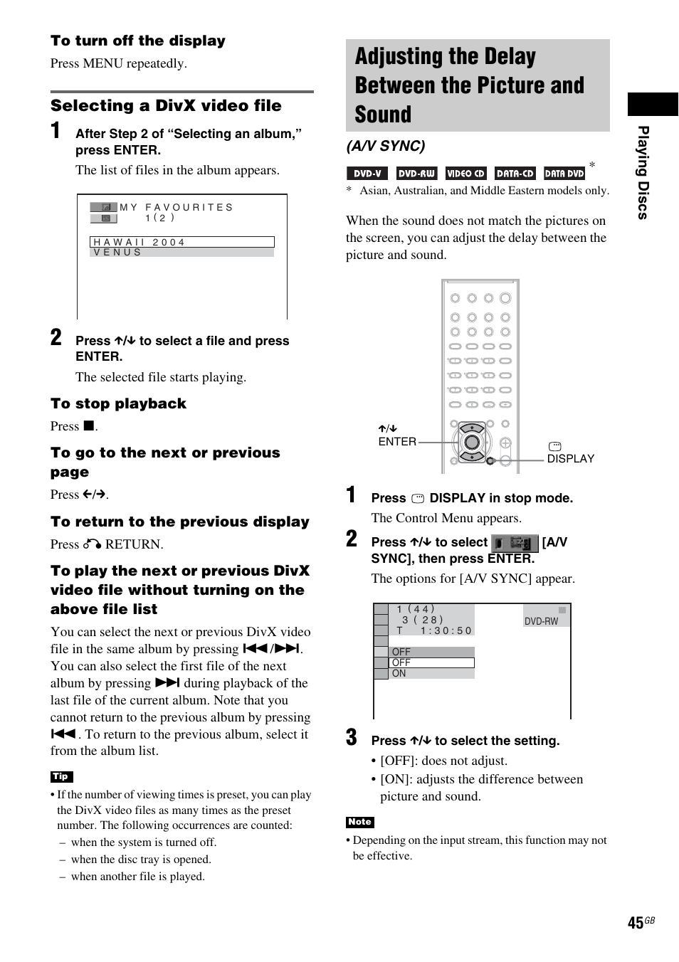 Selecting a divx video file, Adjusting the delay between the picture and sound, Adjusting the delay between the picture | And sound (a/v sync) | Sony DAV-DX150 User Manual | Page 45 / 100