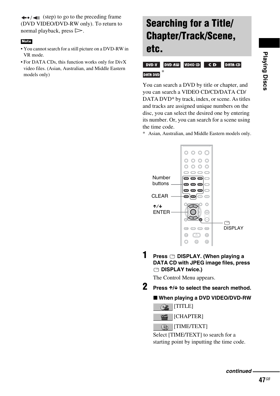 Searching for a title/ chapter/track/scene, etc, Searching for a title/chapter/track, Scene, etc | Sony DAV-DX150 User Manual | Page 47 / 100