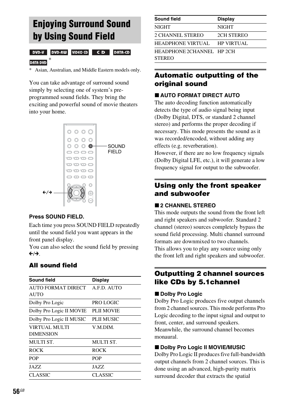 Enjoying surround sound by using sound field, Automatic outputting of the original sound, Using only the front speaker and subwoofer | Enjoying surround sound by using sound, Field | Sony DAV-DX150 User Manual | Page 56 / 100