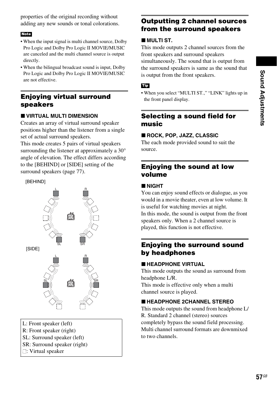 Enjoying virtual surround speakers, Selecting a sound field for music, Enjoying the sound at low volume | Enjoying the surround sound by headphones | Sony DAV-DX150 User Manual | Page 57 / 100