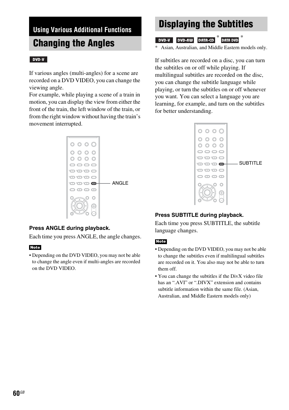 Using various additional functions, Changing the angles, Displaying the subtitles | Changing the angles displaying the subtitles | Sony DAV-DX150 User Manual | Page 60 / 100