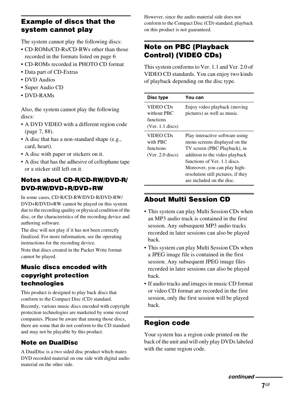 Example of discs that the system cannot play, Note on pbc (playback control) (video cds), About multi session cd | Region code | Sony DAV-DX150 User Manual | Page 7 / 100