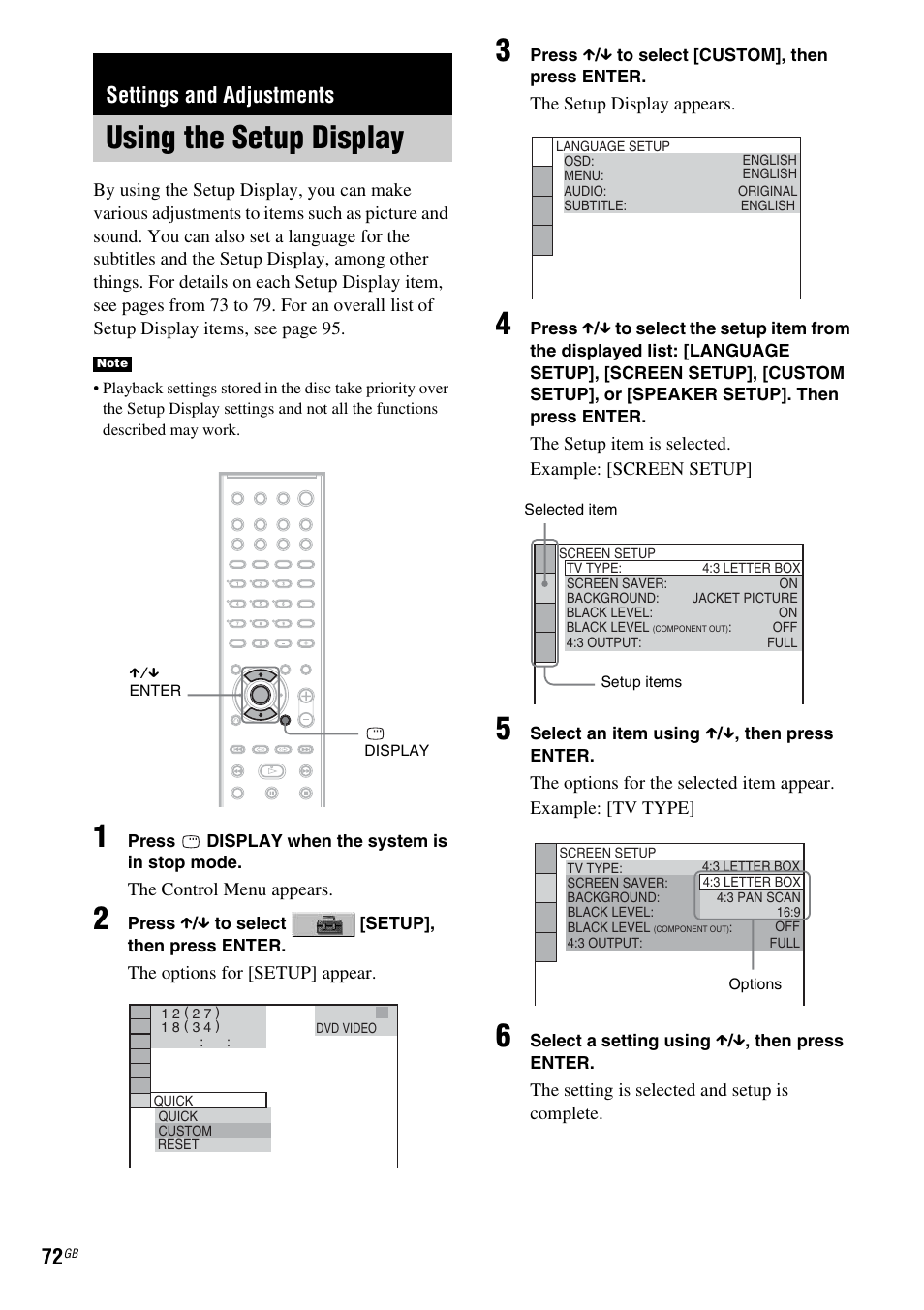 Settings and adjustments, Using the setup display | Sony DAV-DX150 User Manual | Page 72 / 100