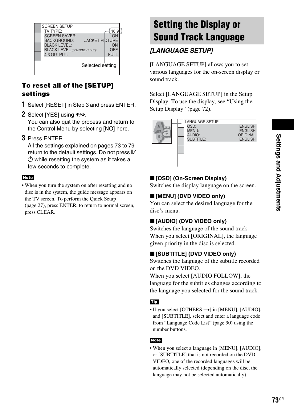 Setting the display or sound track language, Setting the display or sound track, Language [language setup | Sony DAV-DX150 User Manual | Page 73 / 100