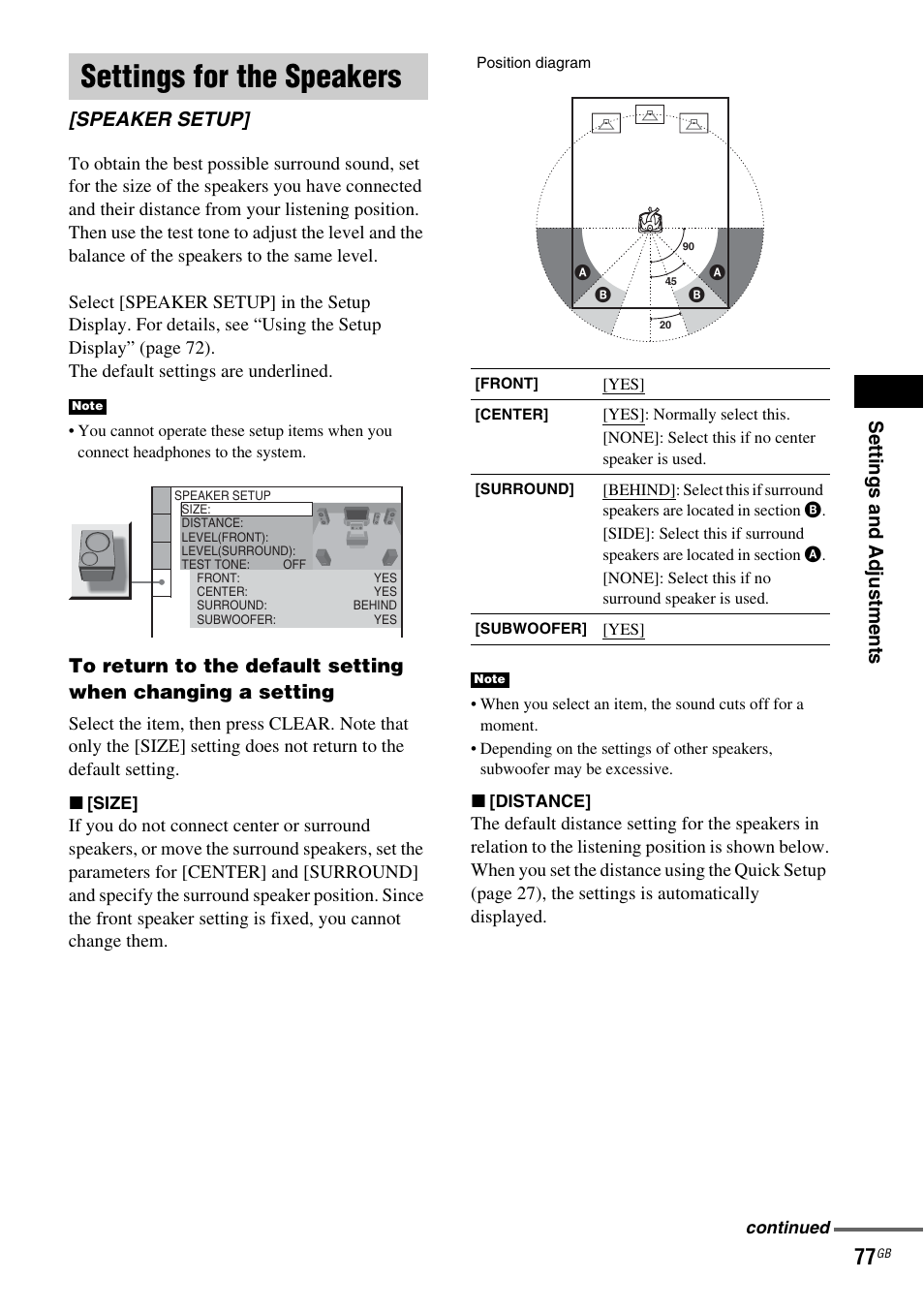 Settings for the speakers, Speaker setup, Se tti ng s an d ad ju st me n ts | Sony DAV-DX150 User Manual | Page 77 / 100