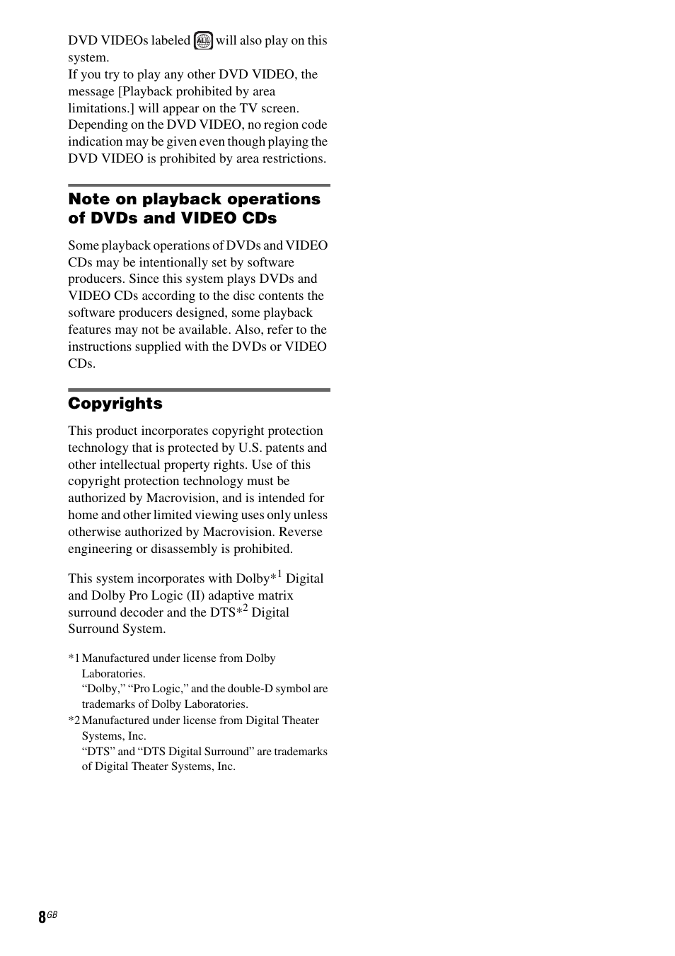 Note on playback operations of dvds and video cds, Copyrights | Sony DAV-DX150 User Manual | Page 8 / 100