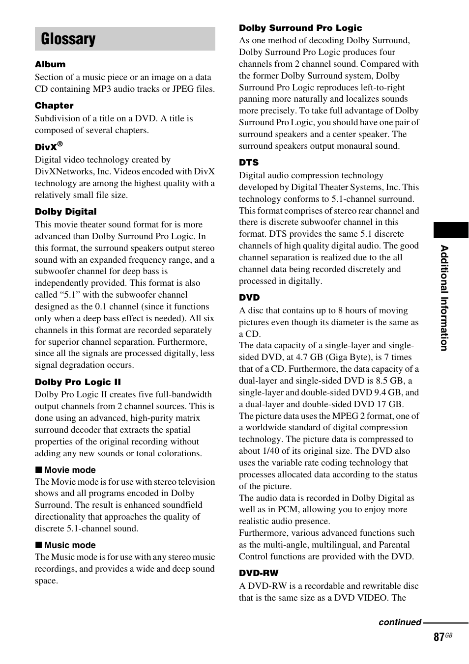Glossary | Sony DAV-DX150 User Manual | Page 87 / 100