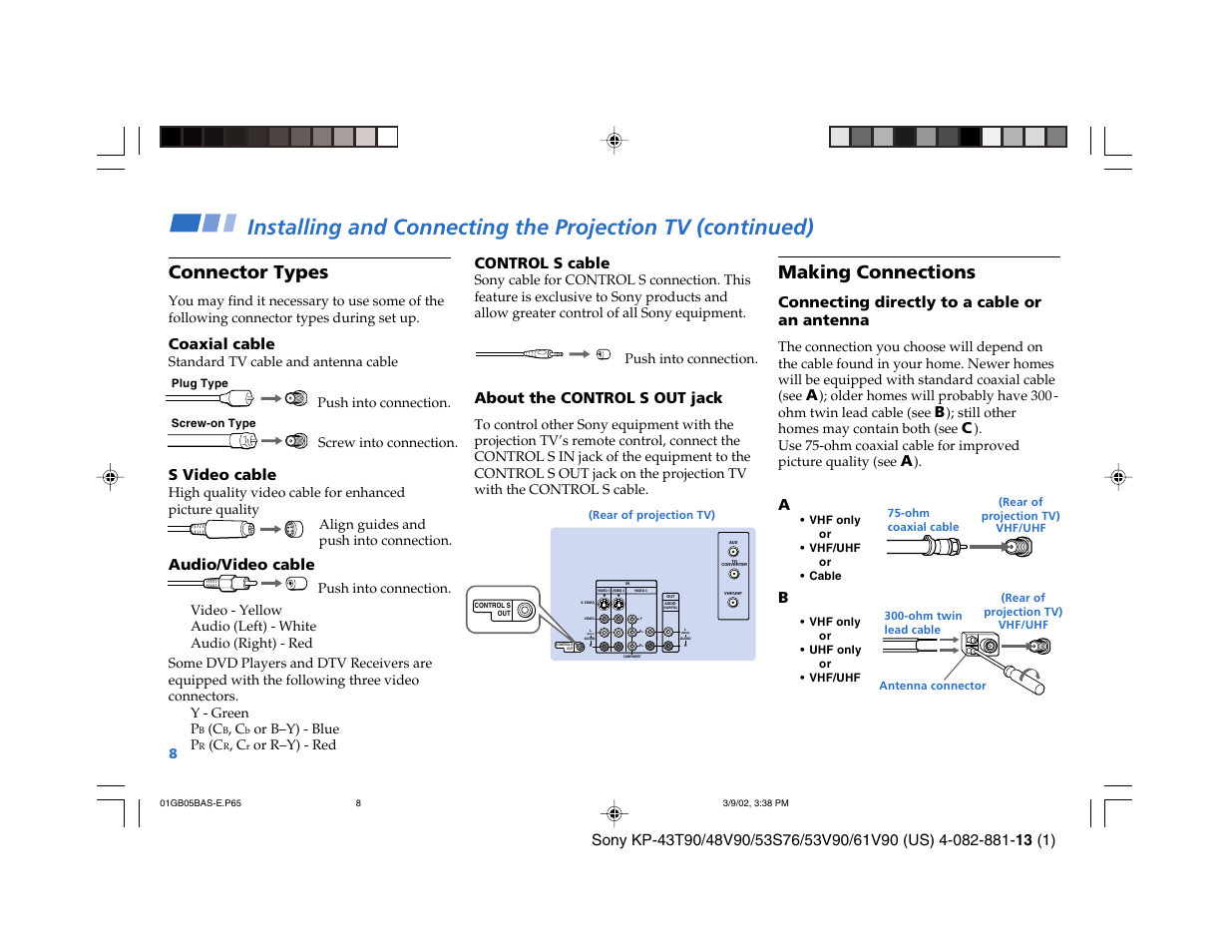 Making connections, Connector types, Mono) | Connecting directly to a cable or an antenna, Coaxial cable, S video cable, Audio/video cable, Control s cable, About the control s out jack | Sony KP-53S76 User Manual | Page 12 / 58