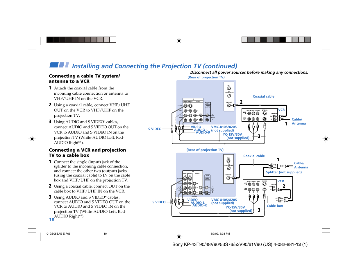 Connecting a cable tv system/ antenna to a vcr, Connecting a vcr and projection tv to a cable box | Sony KP-53S76 User Manual | Page 14 / 58