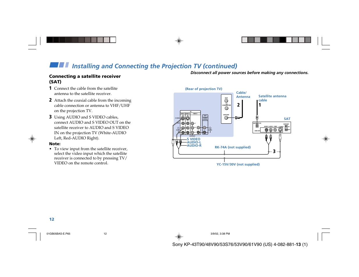 Connecting a satellite receiver (sat) | Sony KP-53S76 User Manual | Page 16 / 58